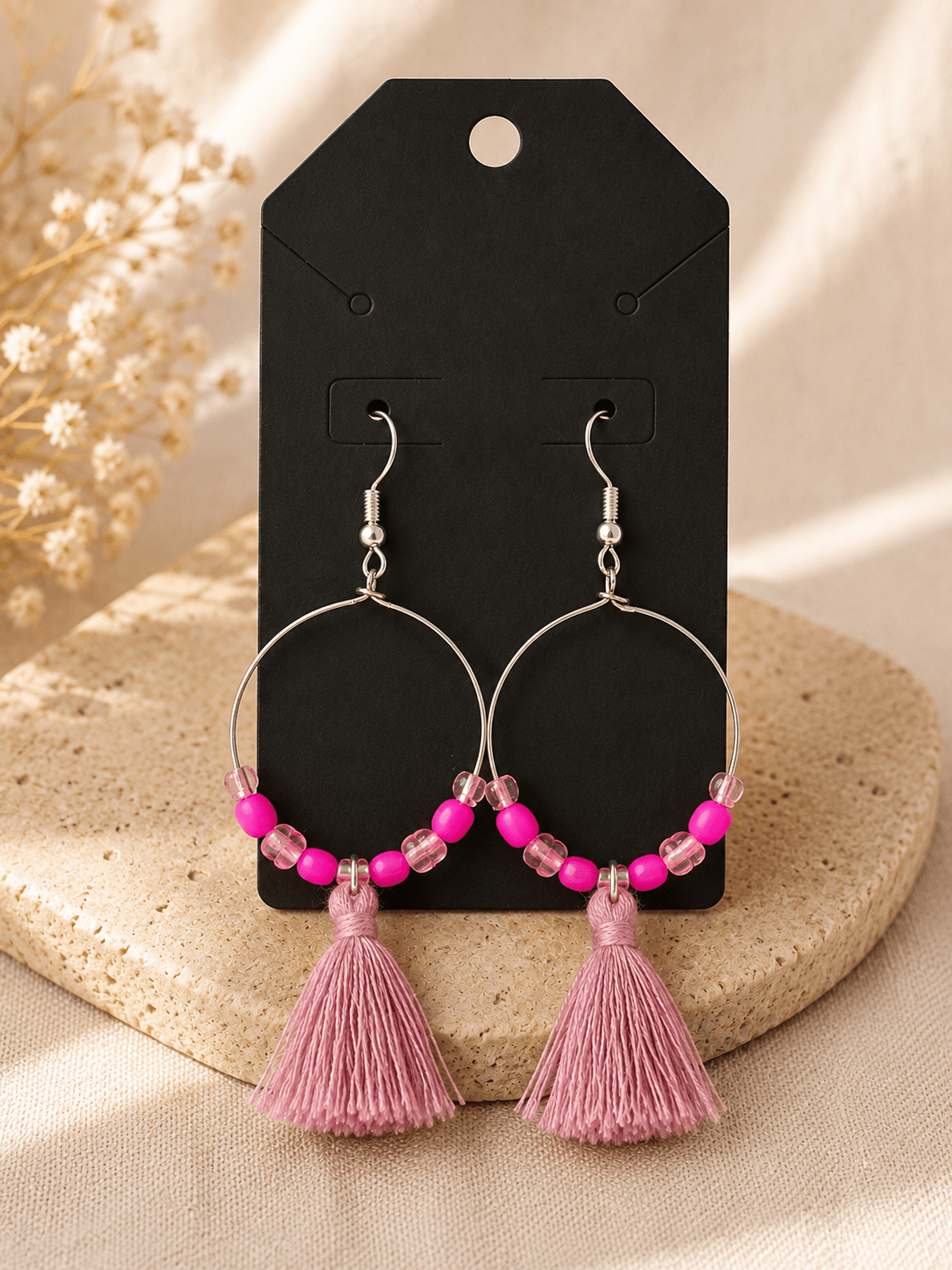 Boho Beaded Hoop Earrings with Tassels - Mendez craft house